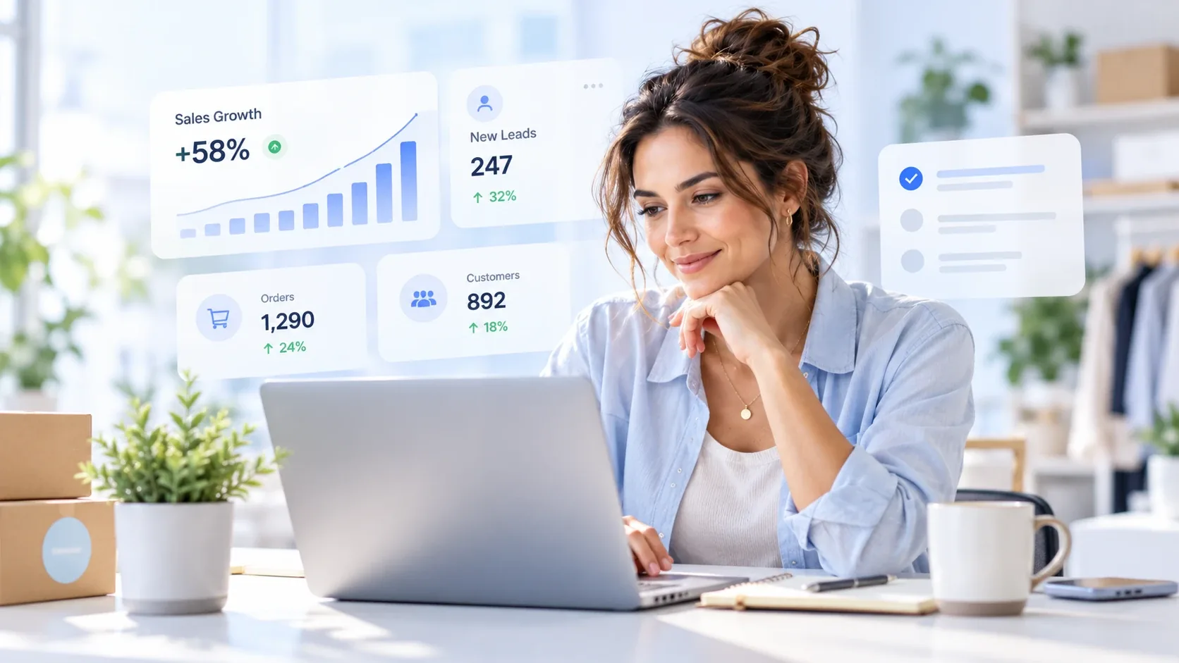 Small business owner smiling at marketing results on a laptop